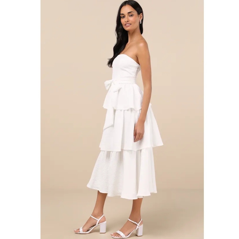 Lulus Truly Marvelous White Jacquard Strapless Tiered Midi Dress Size M NWT - Picture 8 of 9